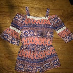 patterned off the shoulder romper with lace detail